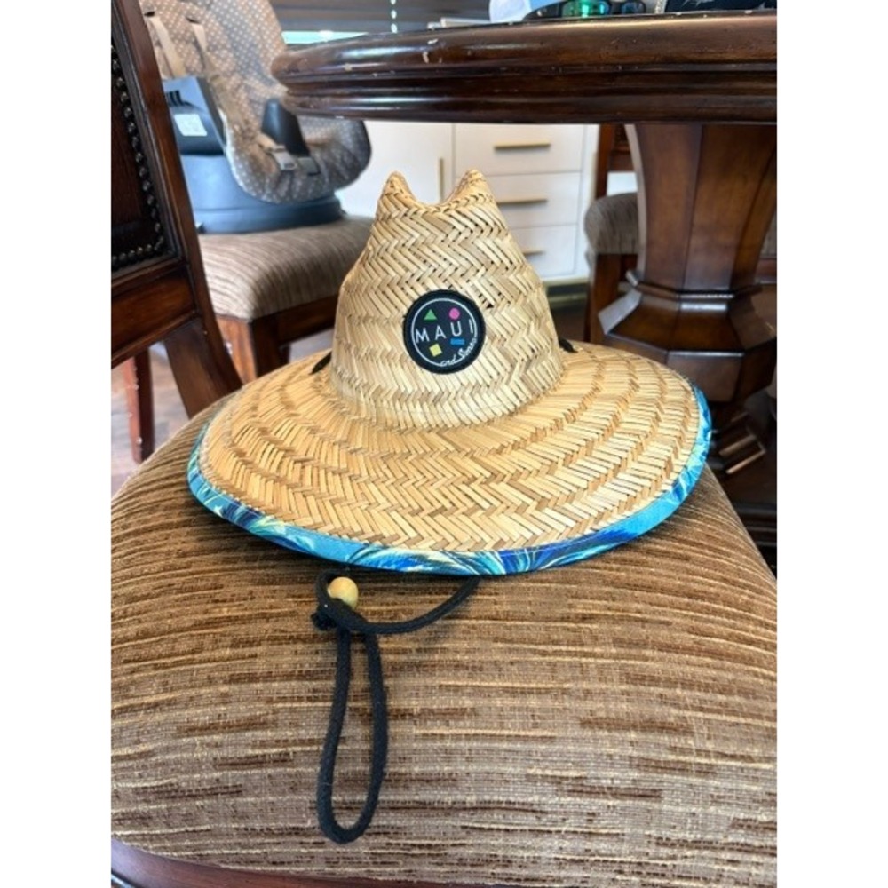 Maui and Sons Straw Lifeguard Hat Tan Blue Tropical Floral Print Wide Brim OSFM